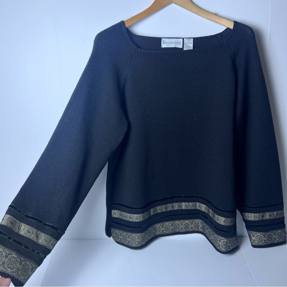Belvedere Italian Wool Blend Black Knitted Sweater - Size Large-Gold Hem Detail - Picture 2 of 7